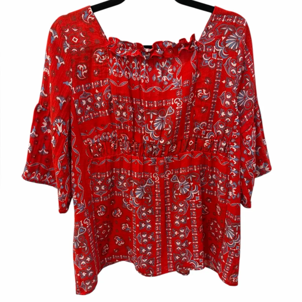 Skies Are Blue Cedrelo Red Floral Bell Sleeve Blouse Size Small - Image 3
