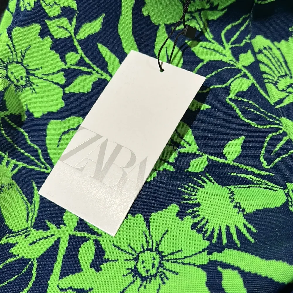 NWT Zara Green Blue Jacquard Floral Print High Waisted Flare Pants - Image 5