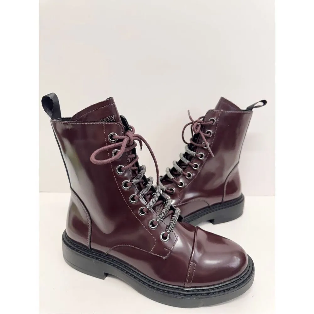 DKNY Boots Size 6‎ Womens Bordeaux Leather Lace Up Combat Block Heel NEW - Image 5