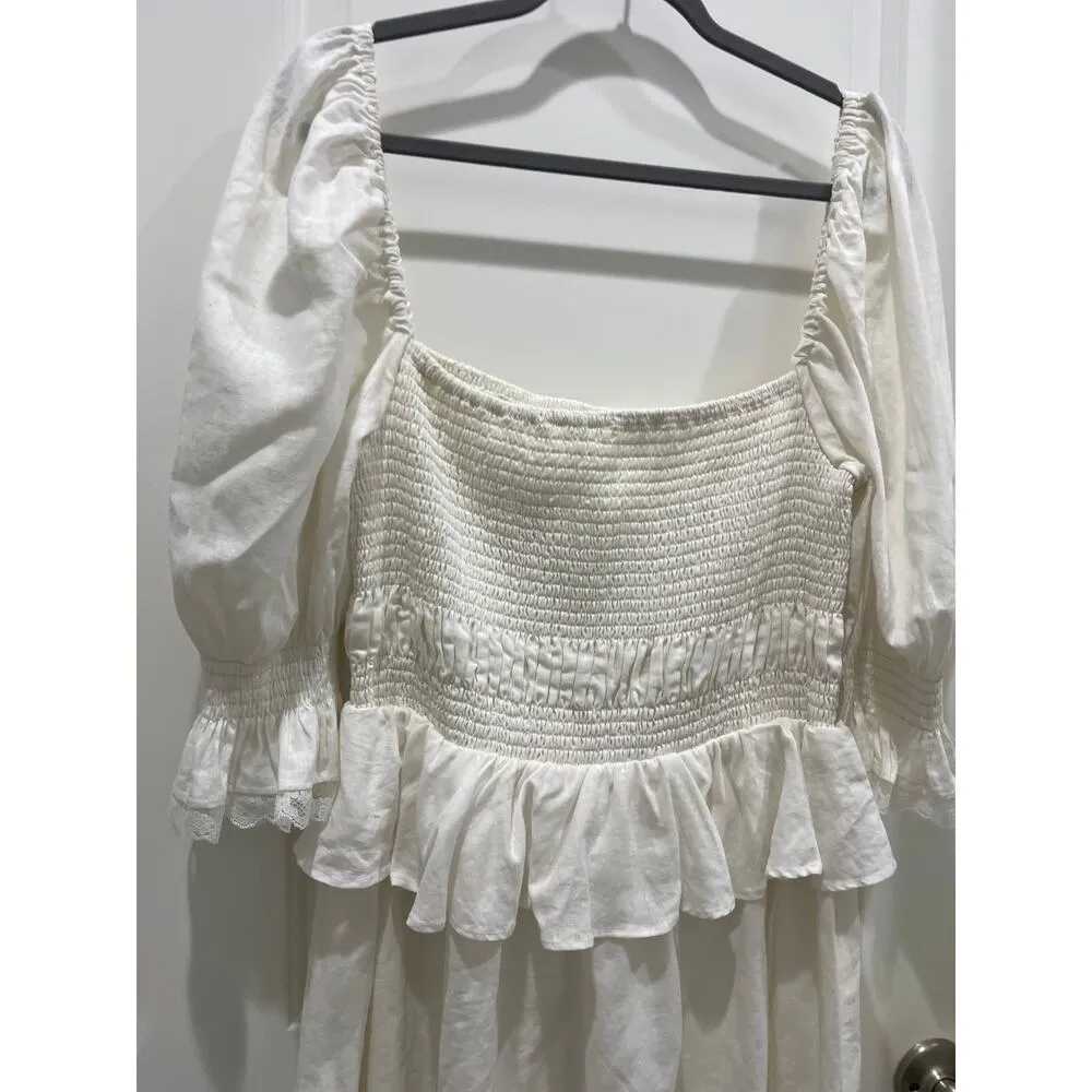 LPA x Revolve White Vivia Linen Blend Puff Sleeve Mini Dress Sz XL - Image 3
