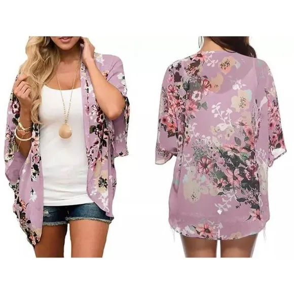 NEW Summer Womens Floral Printed Kimono top Blouse Cover up L Black - Image 2