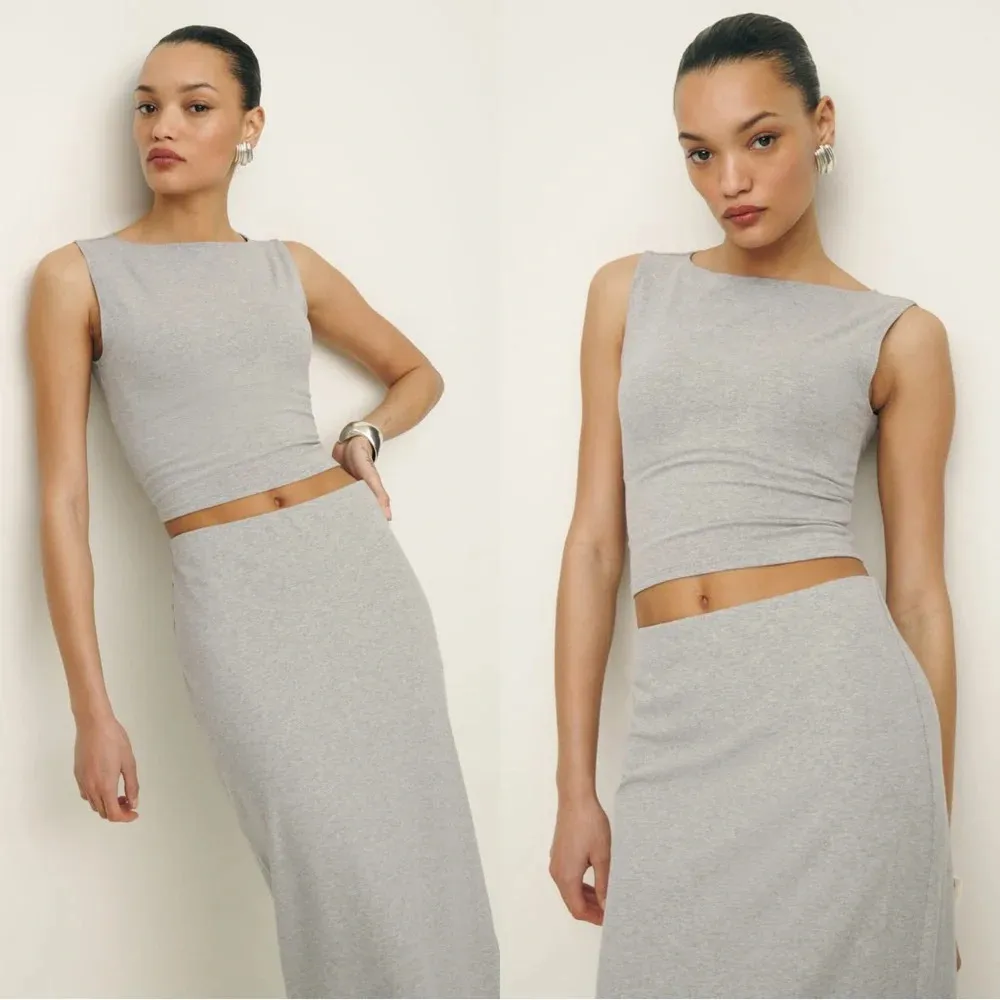 Reformation Elowen Knit Jersey Midi Skirt Pull On Organic Cotton Heather Grey XS - Image 4