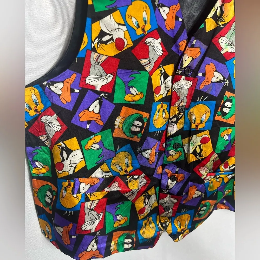 Vintage Looney Tunes Mania Silk Vest S/M Bugs Bunny Tweety Marvin 90s Black - Image 2