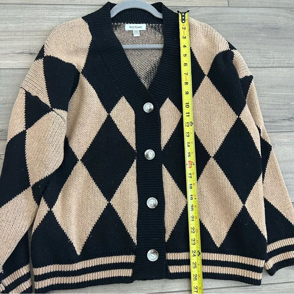 Wild Flower Black Tan Button Front Argyle Cardigan S/M - Image 8