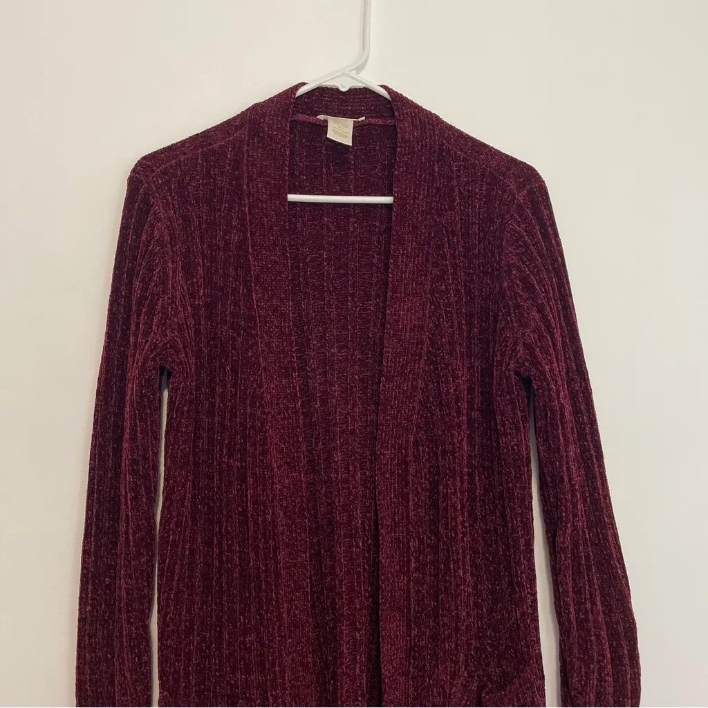 MATTY M Chenille Cardigan Burgundy Maroon Red Ribbed Chunky Knit Long Sweater S - Image 4
