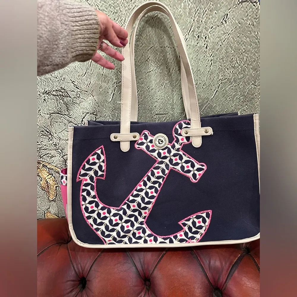 SPARTINA 449 Daufuskie Island Mermaid Large Navy Blue  and hot pink  Anchor Tote - Image 2