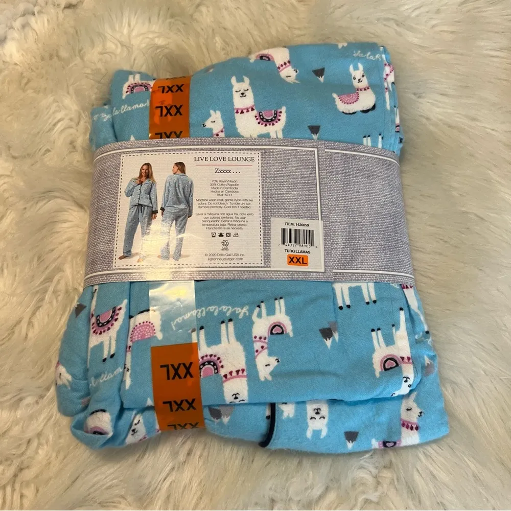 Karen Neuburger Live Love Lounge Llama Flannel Pajamas Turquoise XXL New… Blue - Image 5