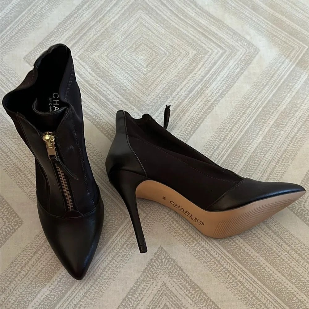 Charles By Charles David Dark Brown Ankle Boot Mixed Media Leather Front Zip - Image 1