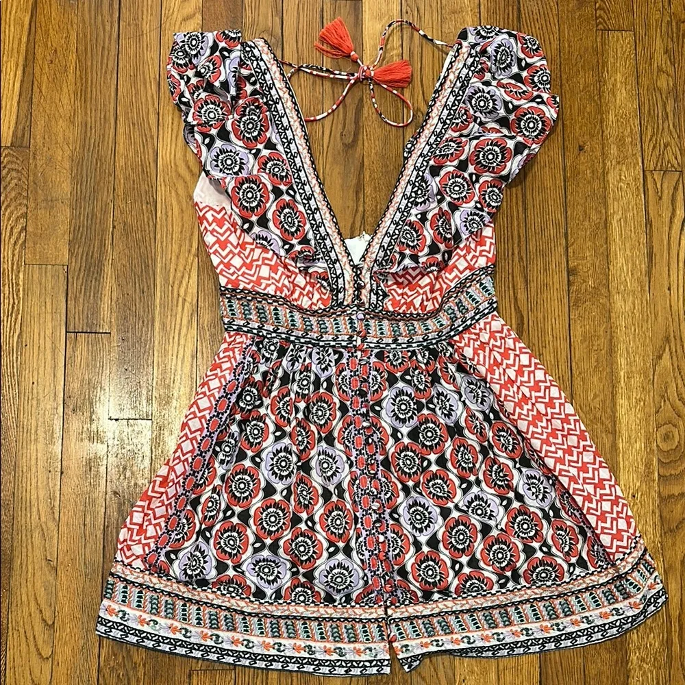 Anthropologie Beaded embroidered Bohemian Floral Print mini dress cotton 12 - Image 2