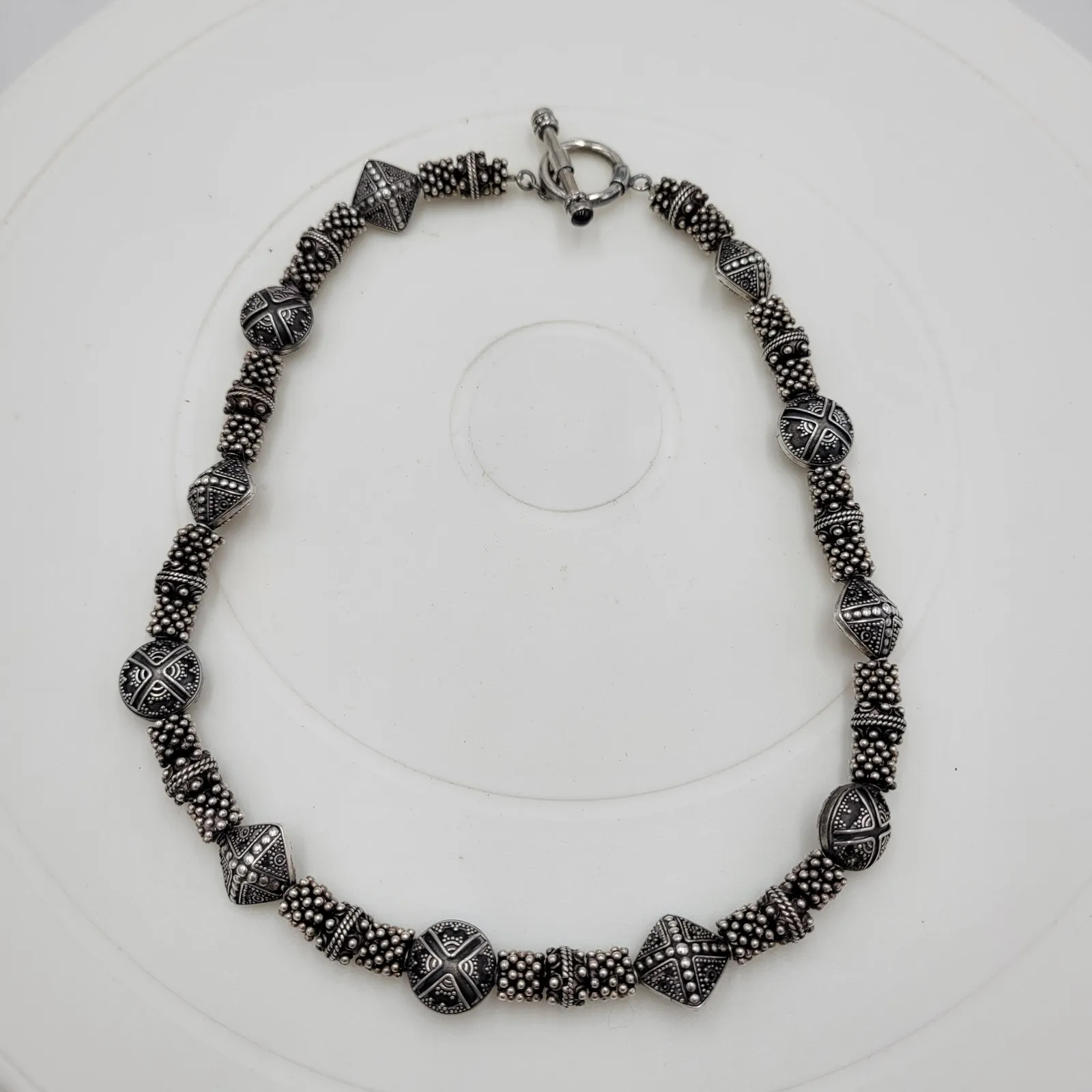 Vintage 925 Granulated Silver Bead Necklace 17" Heavy Gem Stone Toggle‎ Handmade - Image 2