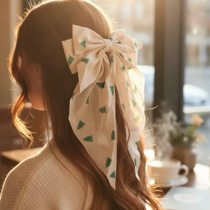 Cream Salior Hair Bow  with Green Christmas trees for the Mamas or Teens - Image 3