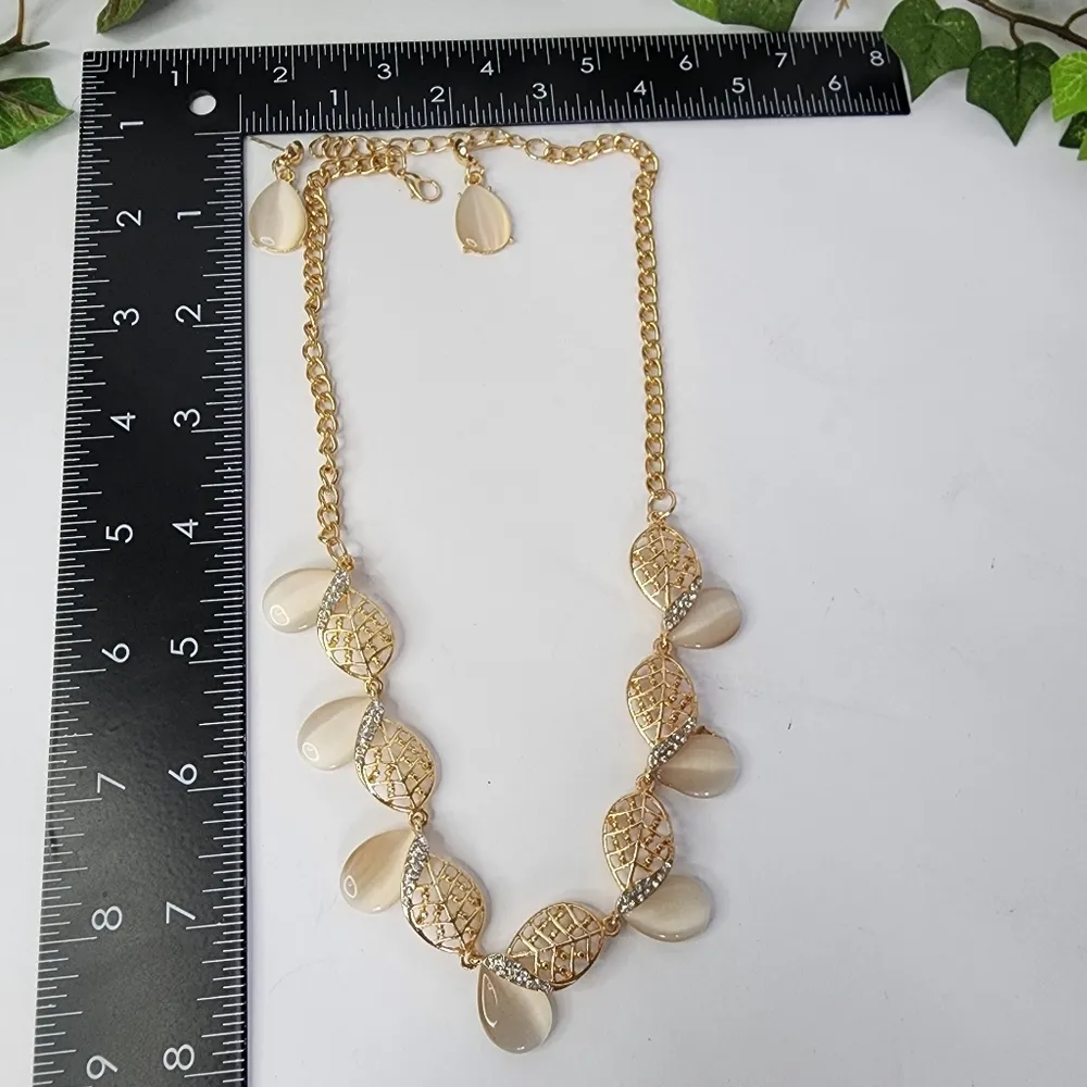 Gold and Teardrop Moonstone Necklace and Matching Earrings Set - Image 4