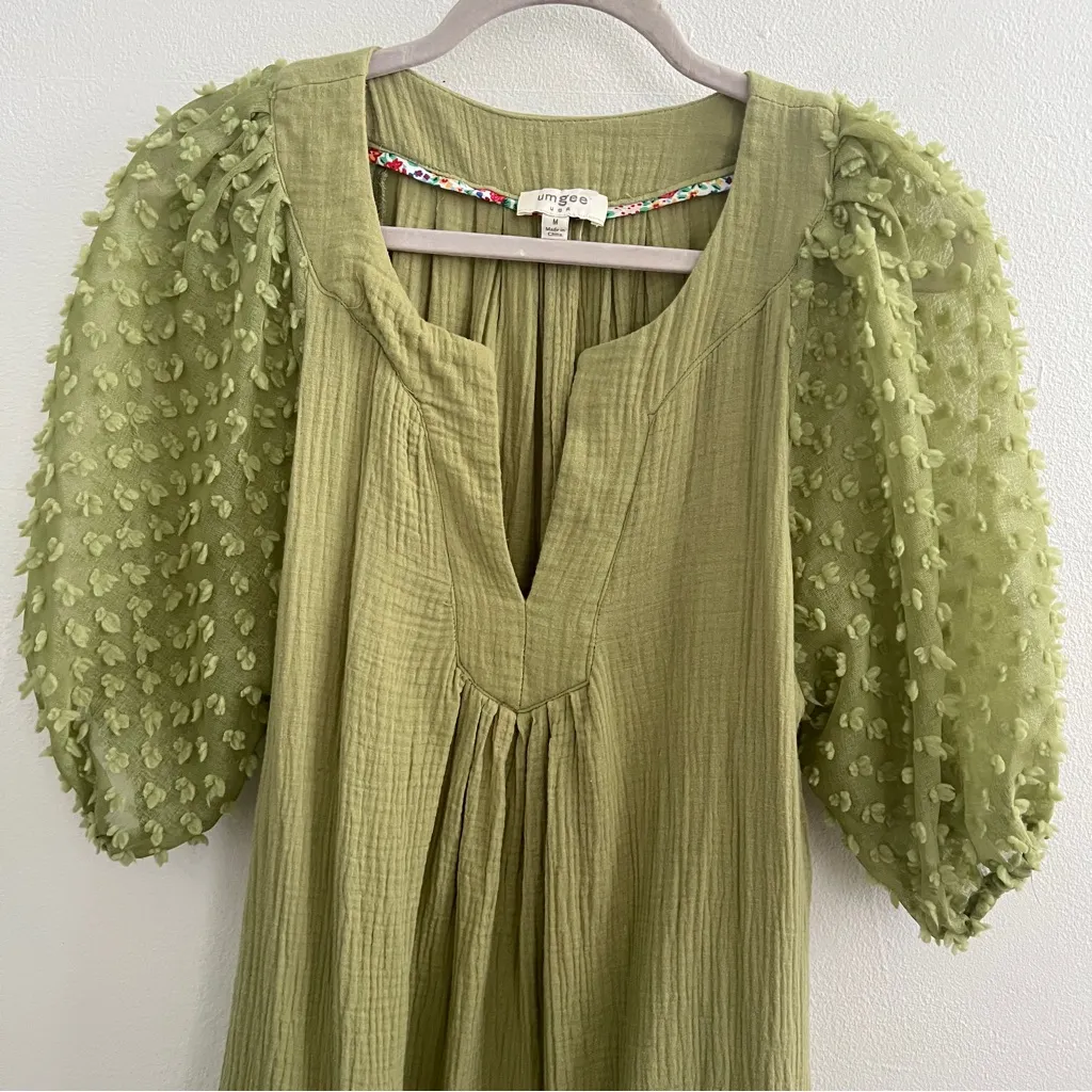 Umgee Olive Green Puff Sleeves V-Neck Textured Boho Casual Short Dress Medium - Image 5