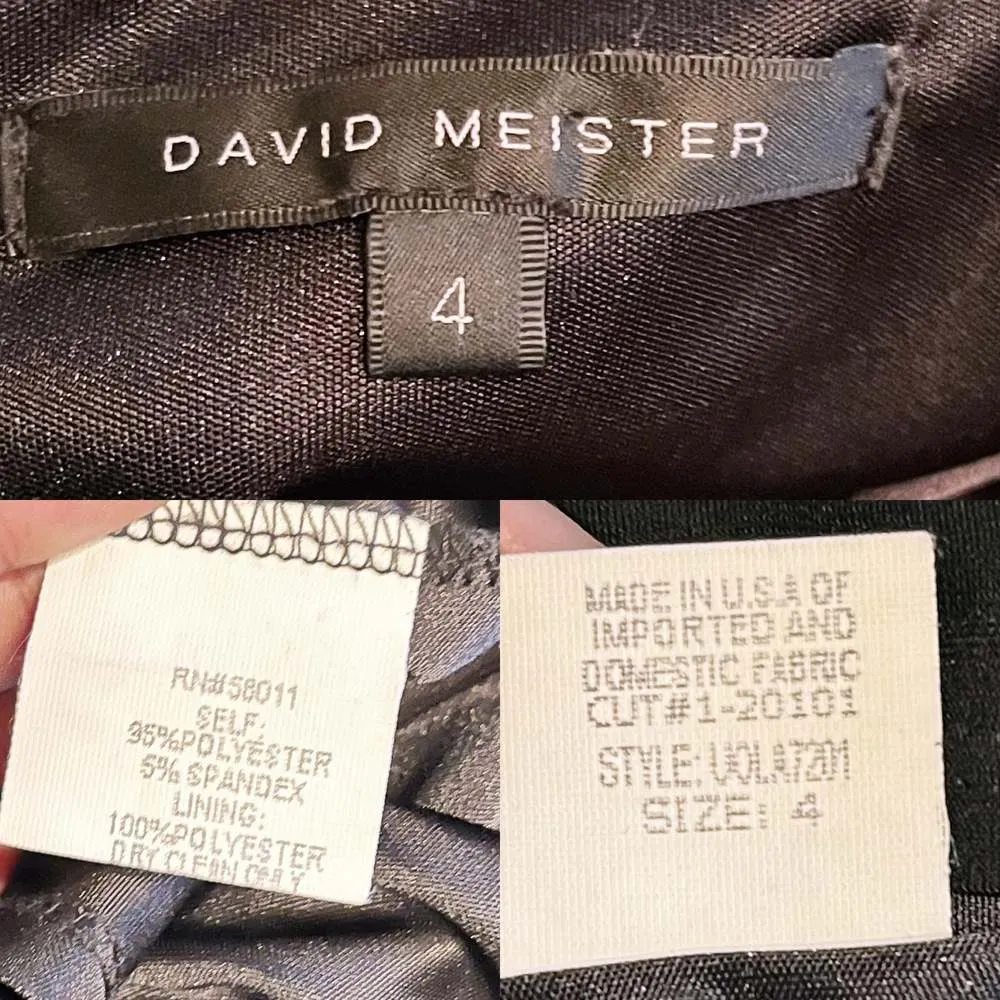 DAVID MEISTER Black Sheath Cocktail Dress Ruched Ruffles 3/4 Sleeves Midi 4 EUC - Image 7