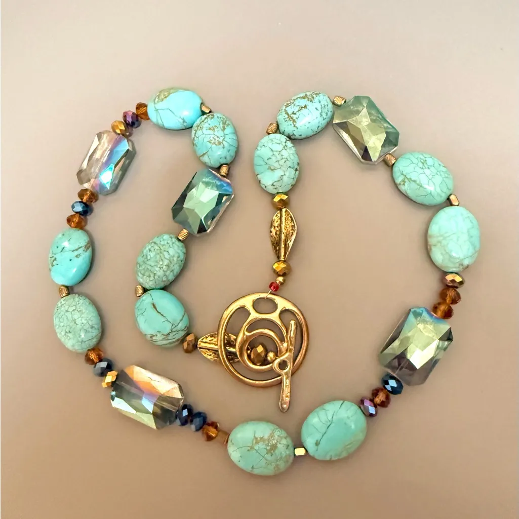 Boho Turquoise Colored Howlite Crystal Toggle Clasp Statement Necklace Blue - Image 5