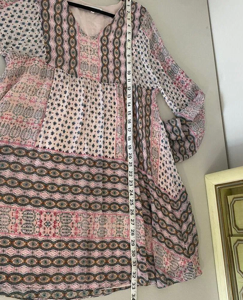 Rebecca Minkoff Pink Redland Bell Sleeve Patchwork Bohemian Mini Dress Small - Image 5