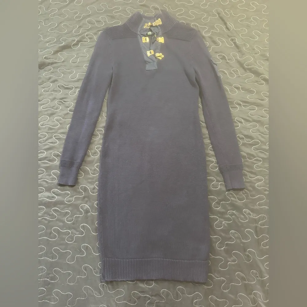 Ralph Lauren Equestrian Navy Blue Knit Clasp Long Sleeve Midi Sweater Dress - Image 2