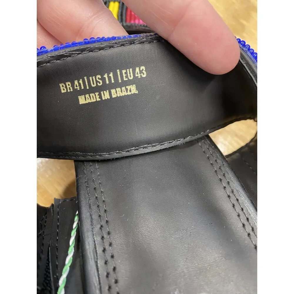 Farm Rio Womens 11 Black Leather Slip On Beaded Block Open Toe Slide Sandals S29 - Image 4