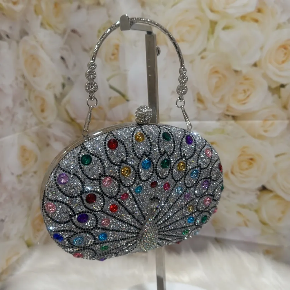 Silver Peacock Clutch with Colorful Gemstones - Image 5