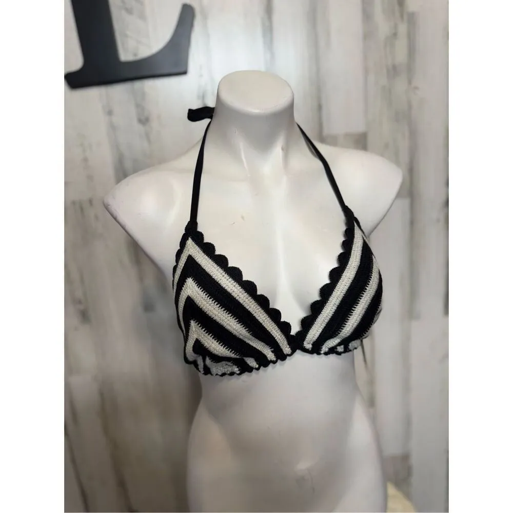 Black & Cream Crochet Halter Bikini Top XL – Boho Swim Top, Adjustable Tie Back - Image 2