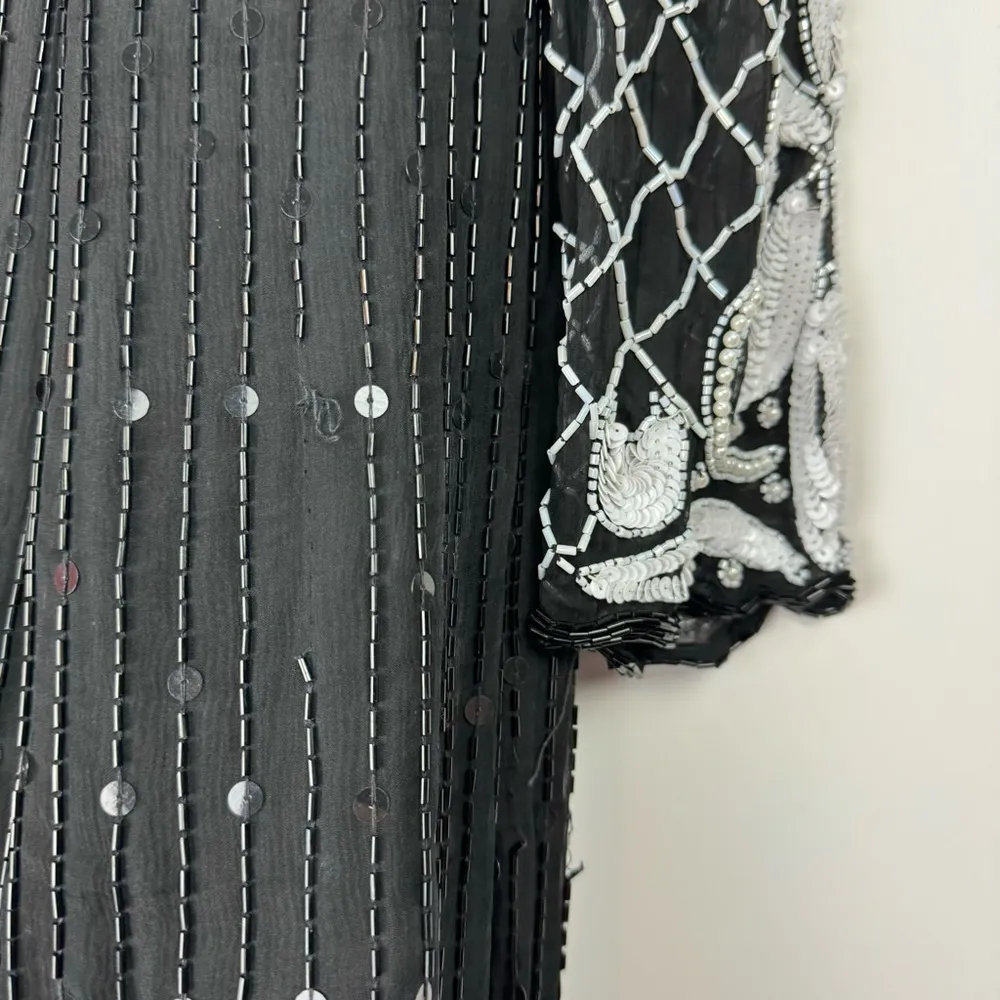 Vtg Lawrence Kazar Silk Beaded Formal Dress Sz XL Black White Sequin Long Sleeve - Image 10