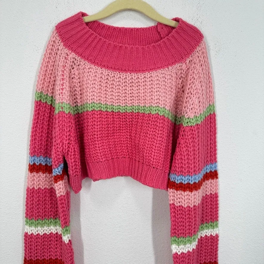 Cotton Emporium Striped Cropped Sweater Pink Green Blue Red White Women's Size M - Image 4