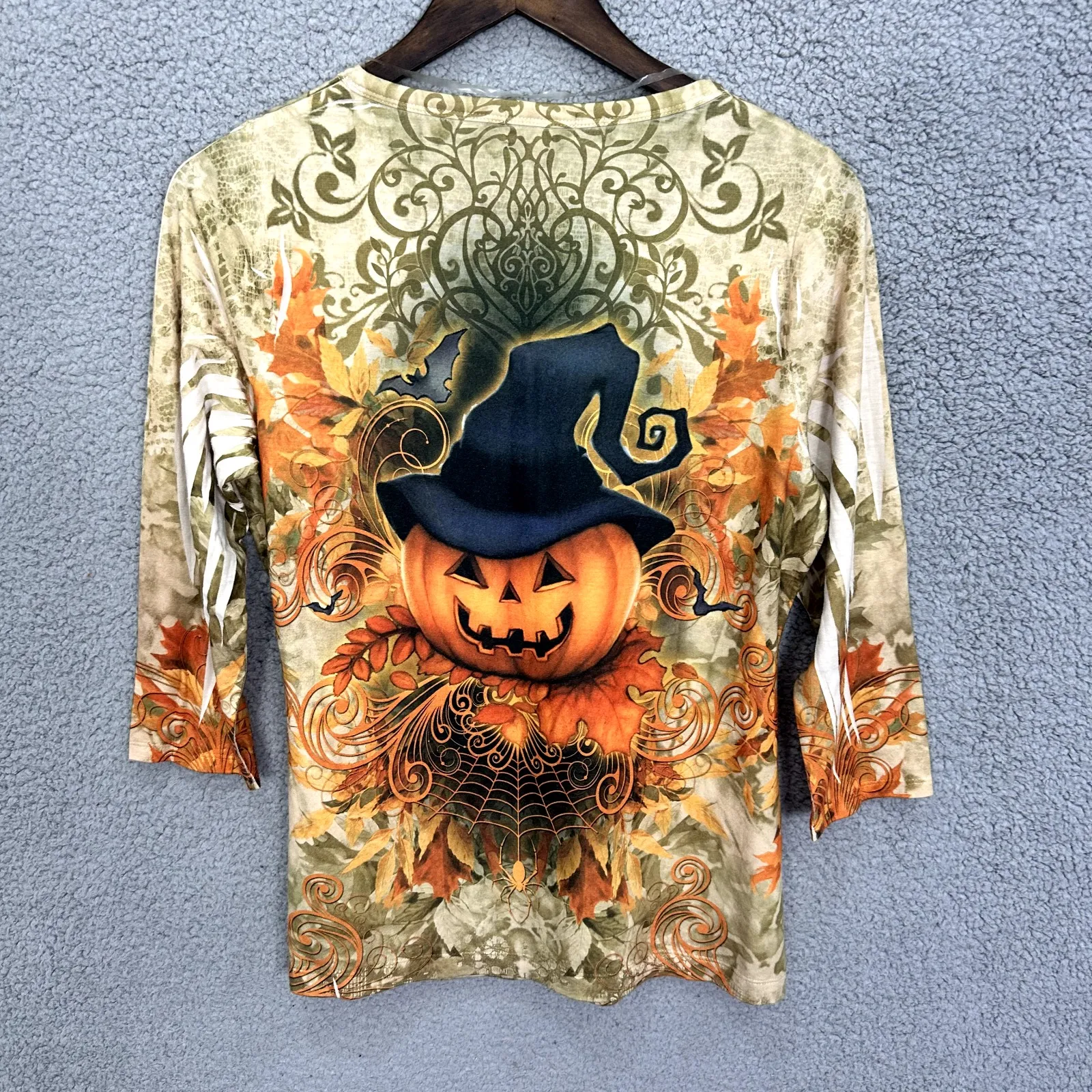 OneWorld Halloween Top‎ M Pumpkin Witch Hat Fall Leaves Gothic Whimsigoth Boho - Image 3