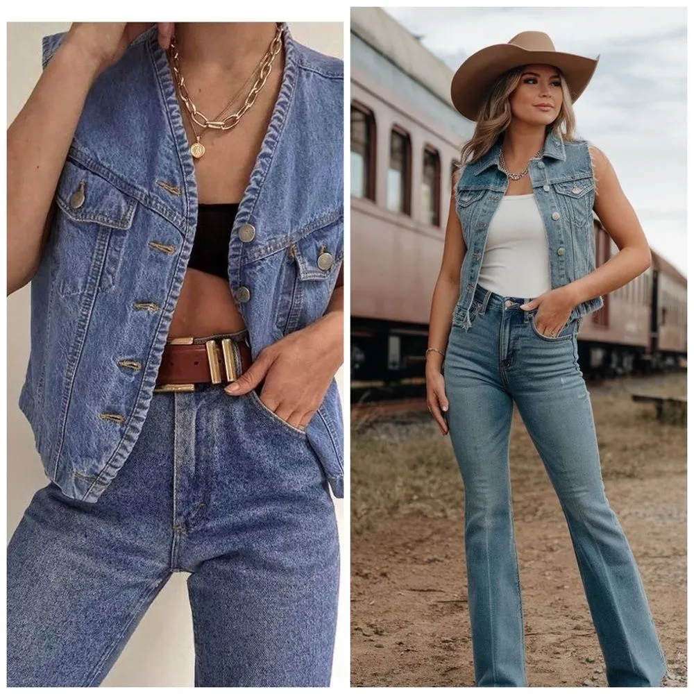 Vintage Bend Over Light Wash Denim Vest Sleeveless Button Front Grunge Blue Size M - Image 9