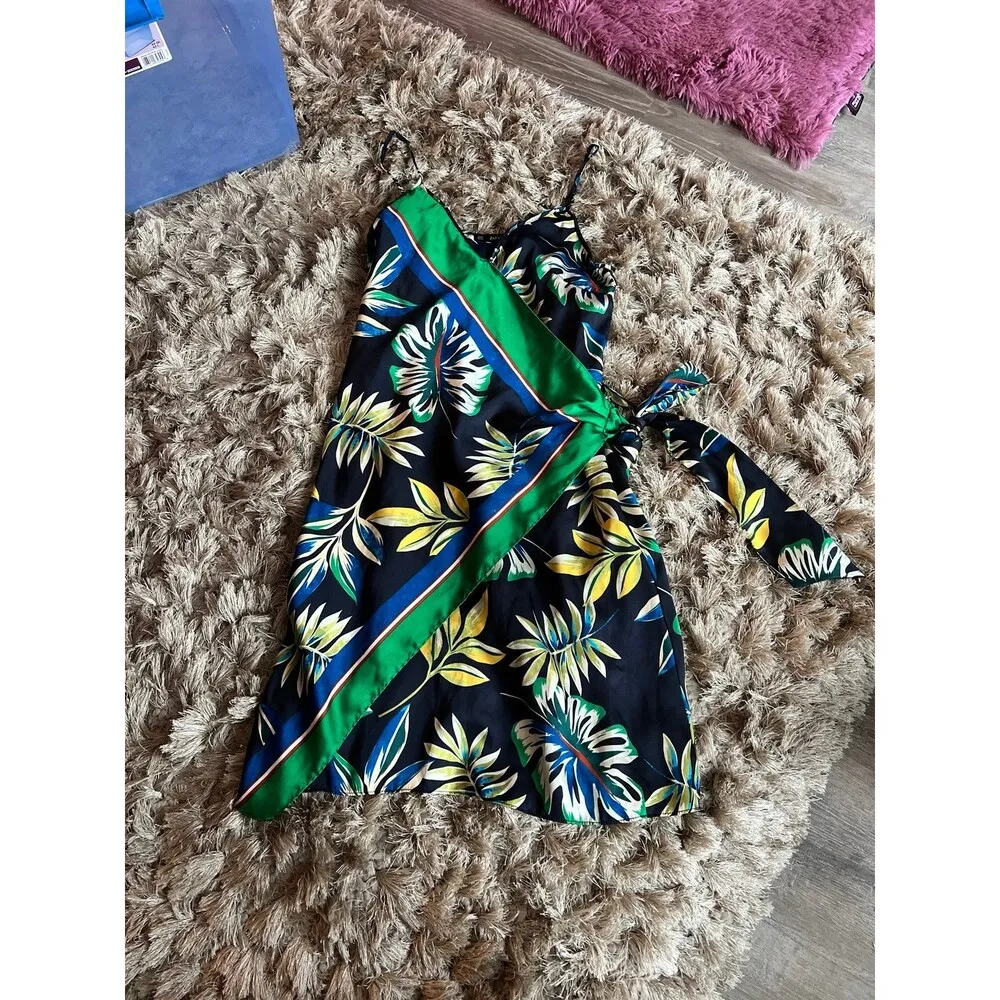 Zara Scarf Style Wrap Dress Blue and Green Tropical Print Size XS - Image 2