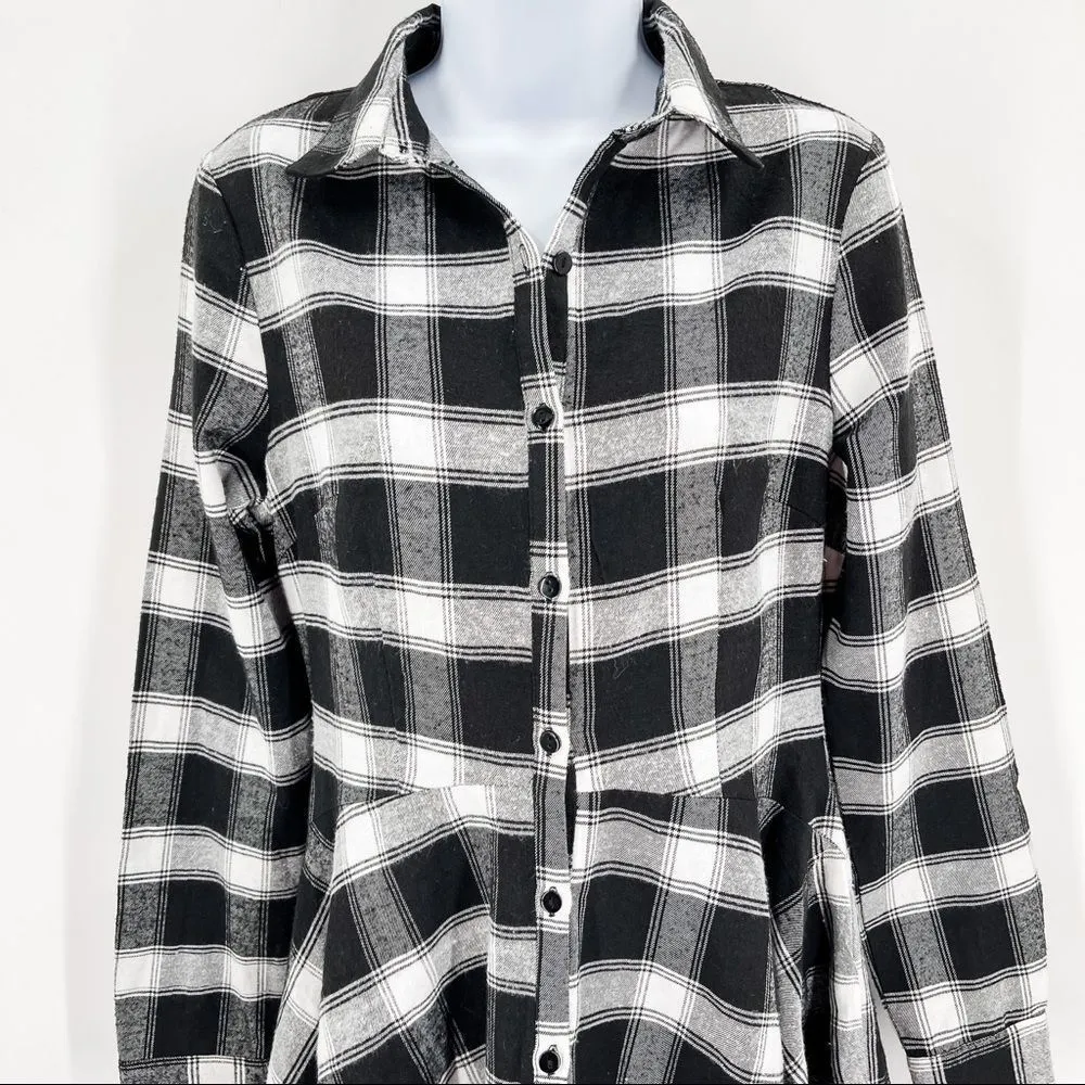 Missguided Plaid Check Black White Long Sleeve Button Down Skater Shirt Dress - Image 89