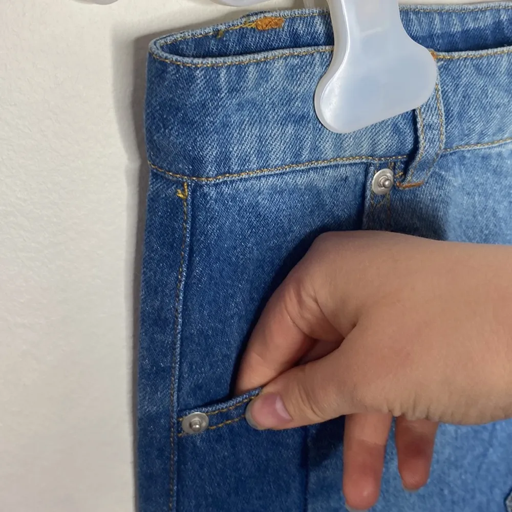 Altar’d State pieced faded denim mini skirt with fringed hem size XS - Image 5