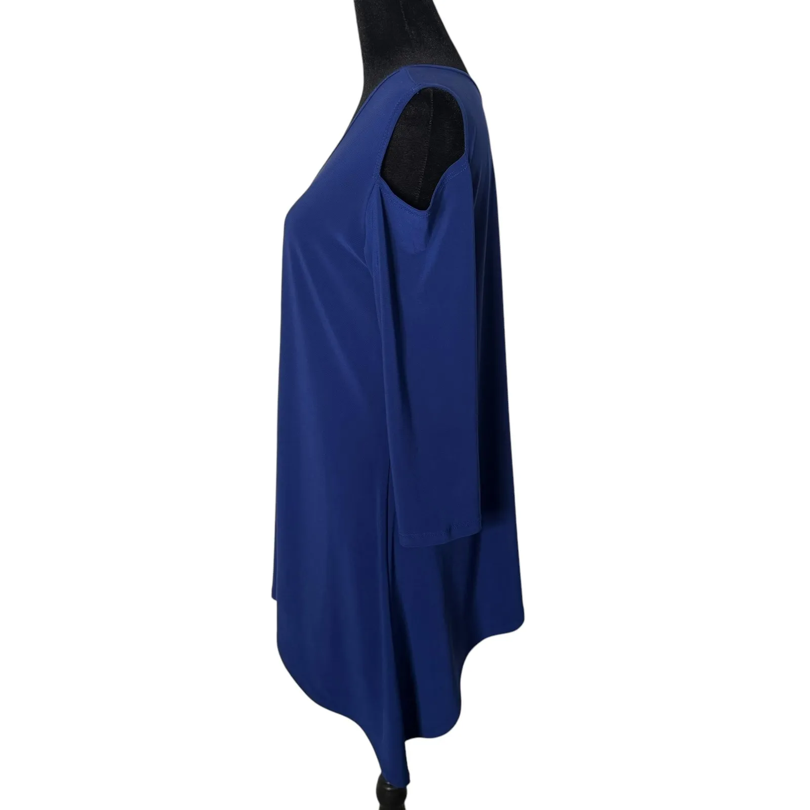 Clara Sun Woo‎ Cold Shoulder Liquid Knit Top Size M Blue Dipped Hem Wrinkle Free Size M - Image 7