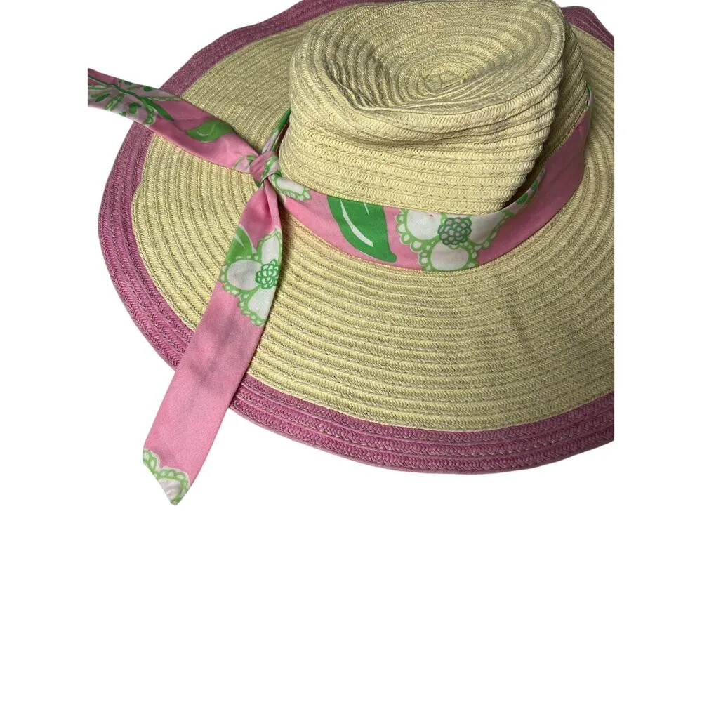 Lilly Pulitzer Straw Sun Hat Wide‎ Brim Pink Trim Floppy Beach Scarf Band #33499 - Image 4