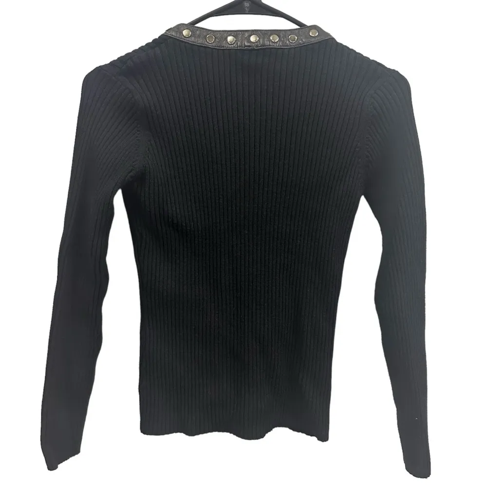 One Girl Who Black Genuine Leather Trim Ribbed Snap Button Up Cardigan Top Small - Image 6