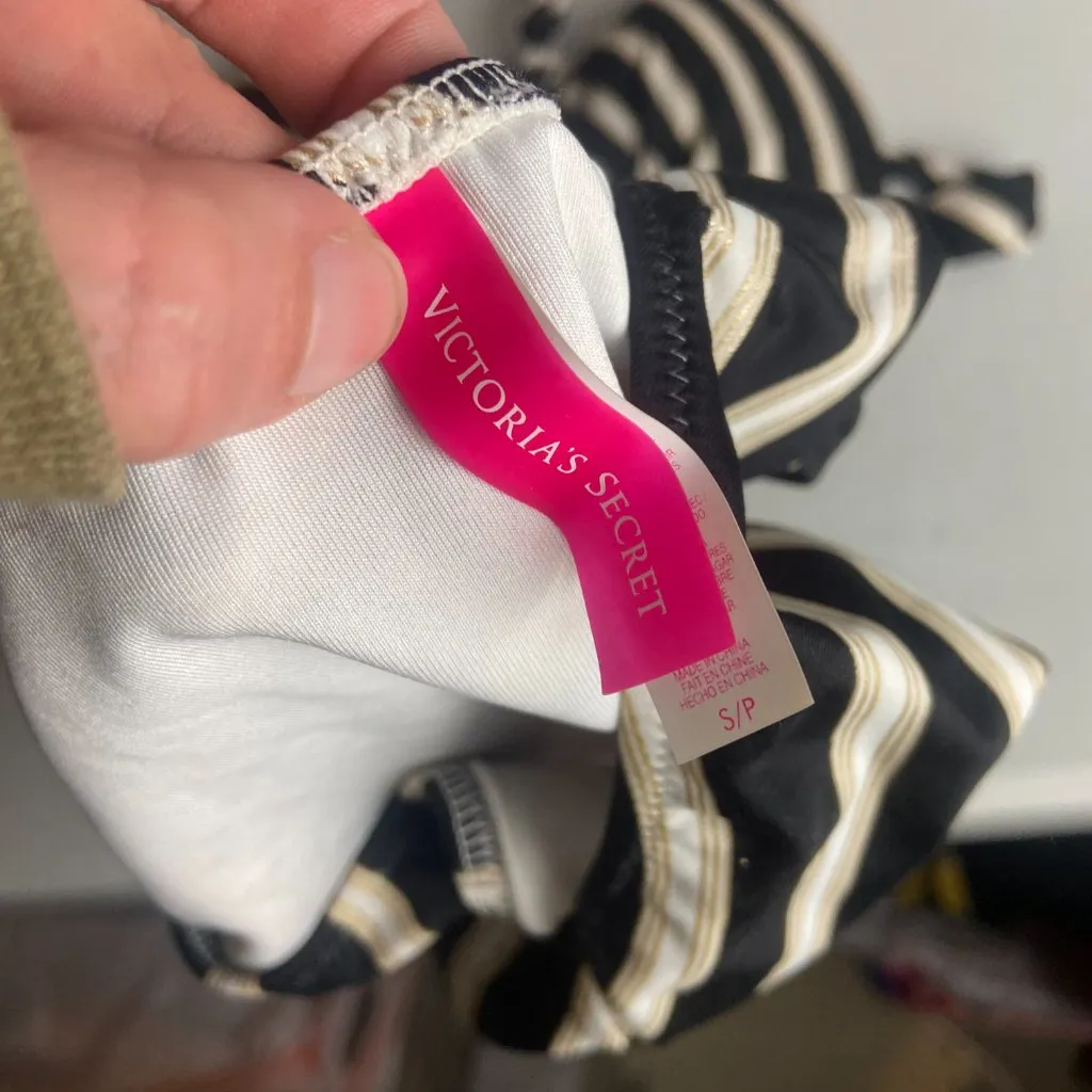 Victoria Secret Swimsuit Bikini Black White Striped Size Small Halter Top Y2k - Image 5