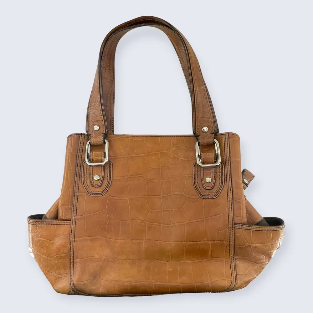 Fossil Brown Leather Reptile Crocodile 3 Section Zip Snap Large Shoulder Bag - Image 2