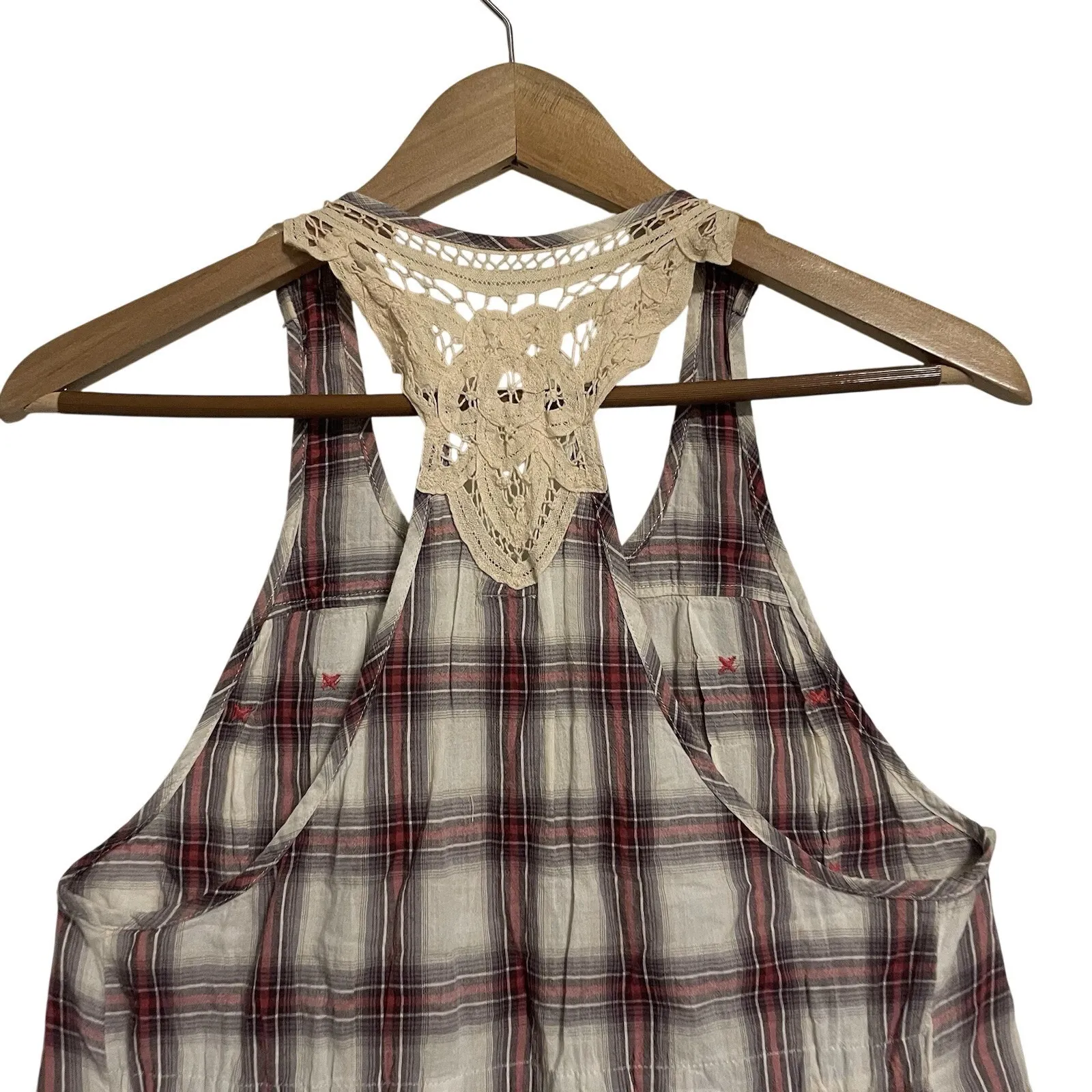 Free People Plaid Crochet Racerback Tank Top Women Size 4 Red White - Image 8