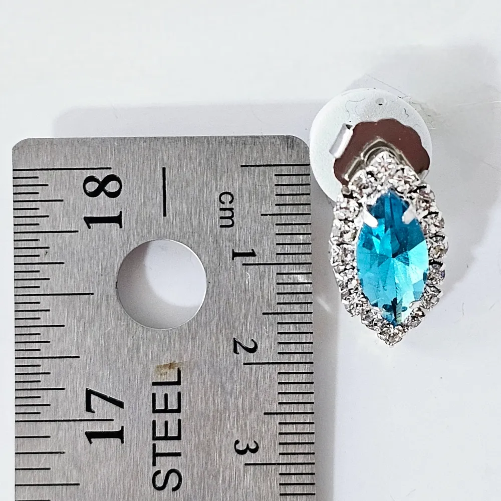 Blue Topaz Crystal Bridal Prom Necklace Set Silver - Image 7