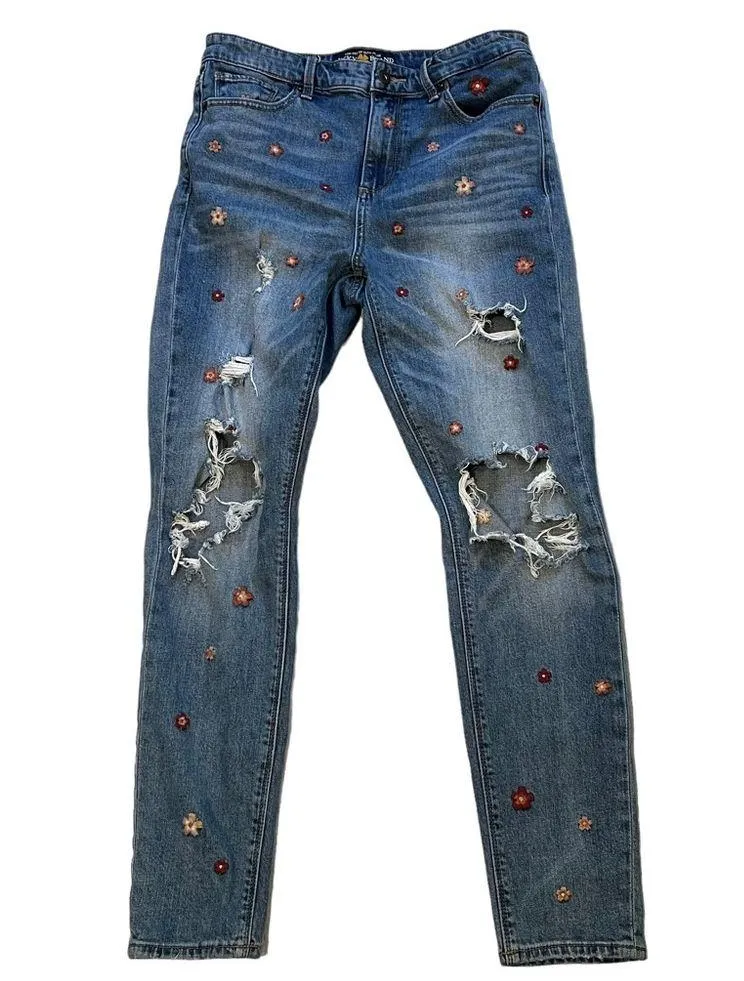 Lucky Brand Bridgette Skinny Distressed Embroidered Floral Jean, Sz 6/28 - Image 4