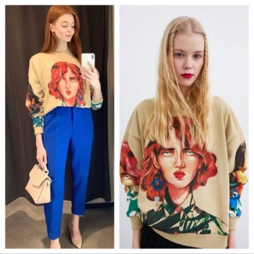 ZARA Printed Face Graphic Crew Sweatshirt M - Image 4