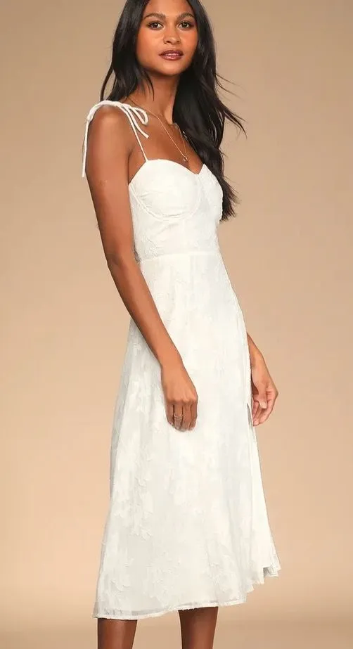 knee length dresses for ladies Cupid Tied Shoulder Embellished Midi Dress White– Selfie Leslie main image 0