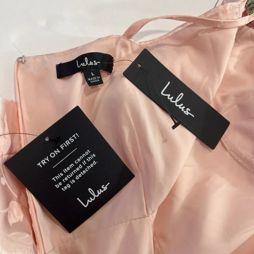 NWT Lulus Ethereal Muse Light Pink Satin Jacquard Embroidered Midi Dress LARGE - Image 13