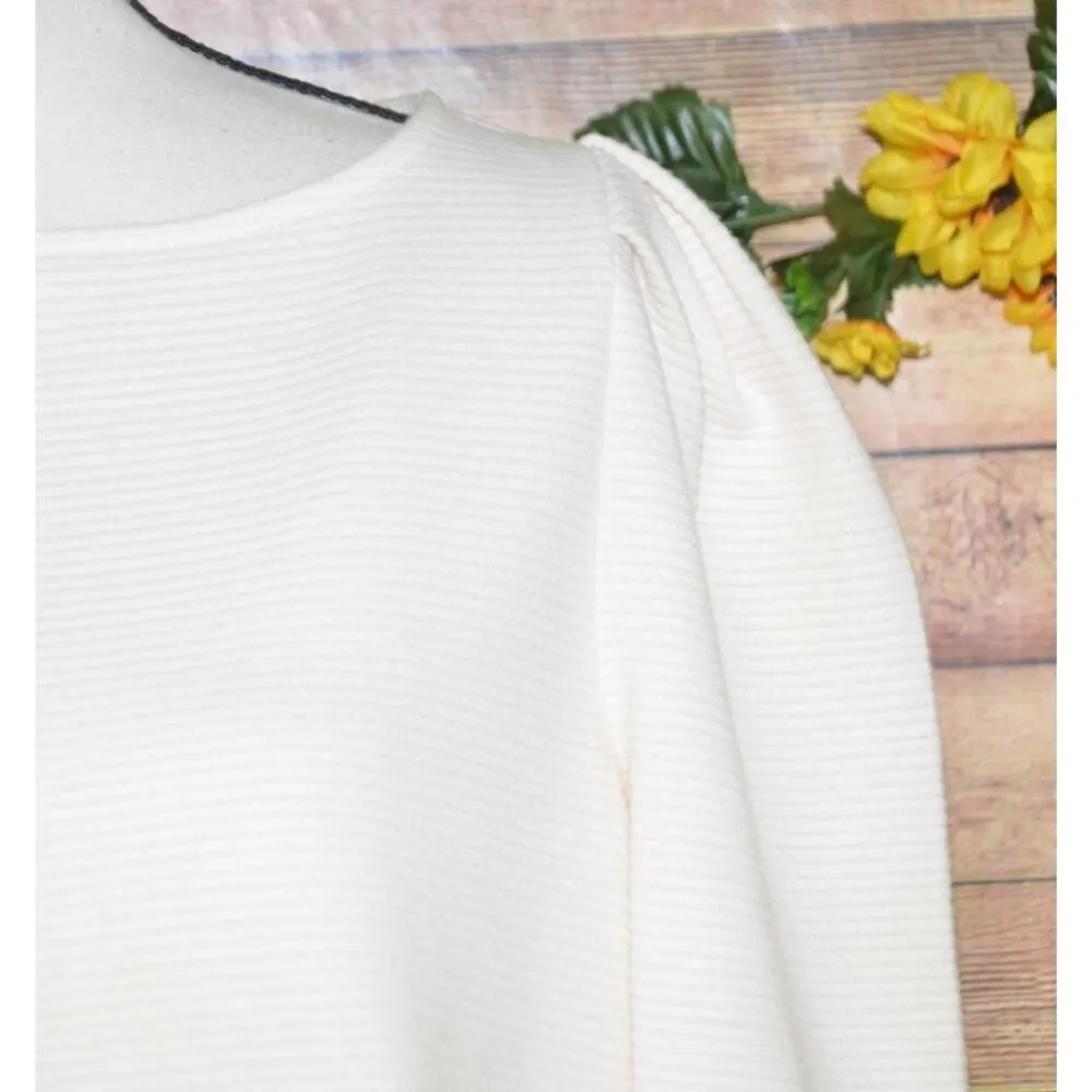 Worthington Ladies XL Neutral Cream Boxy Ribbed Blouse 3/4 Puff Sleeve Modest - Image 3
