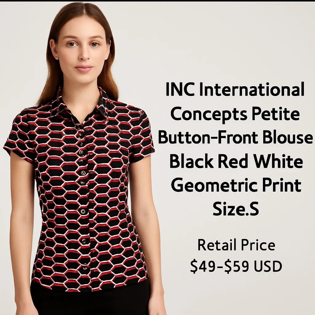INCInternational)Concepts PetiteButtonFrontBlouseGeometricPrint Black Red(A166? - Image 2