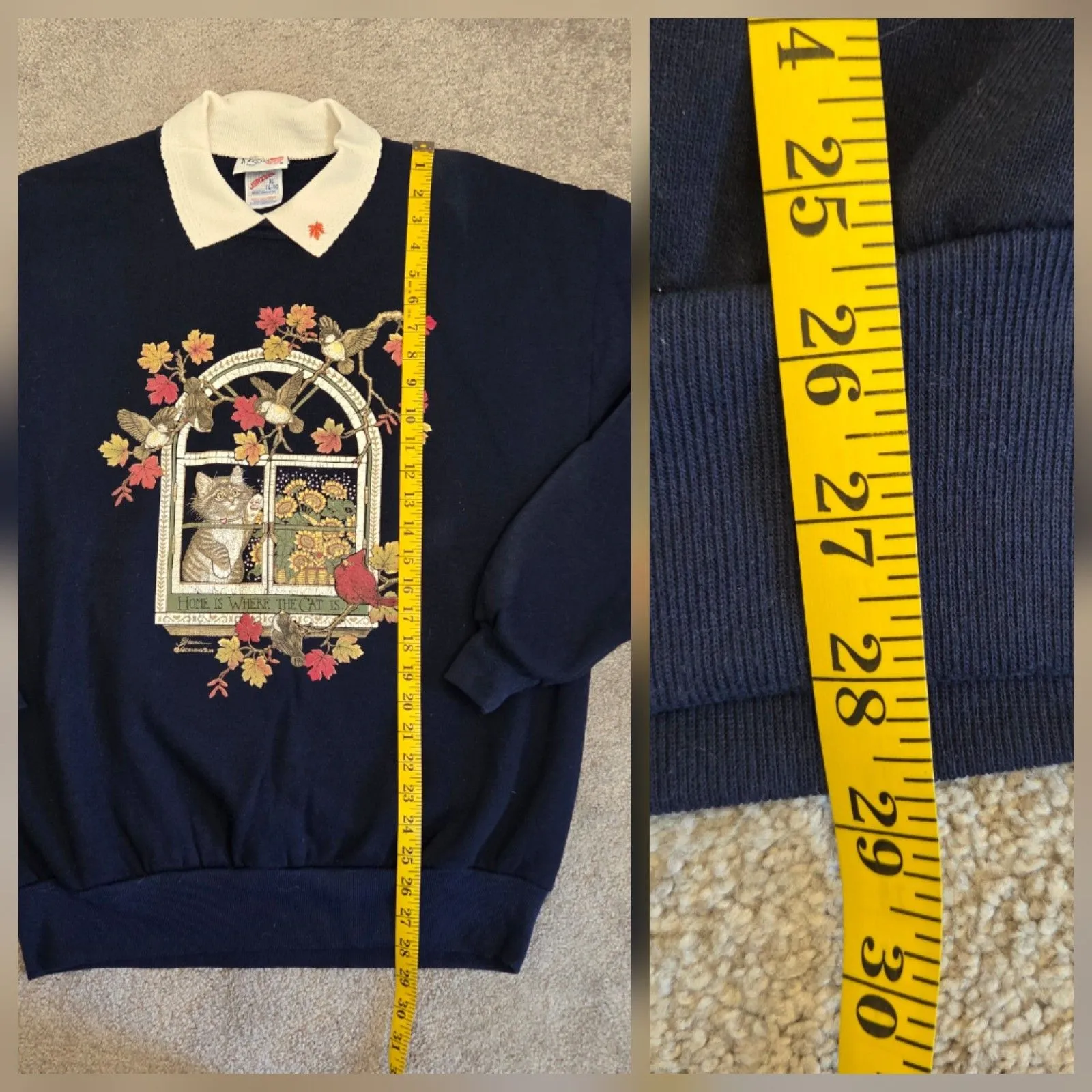 Vintage Morning Sun Sweatshirt Extra Large Navy Fall Leaves Cat Pullover 90s Blue Size XL - Image 9