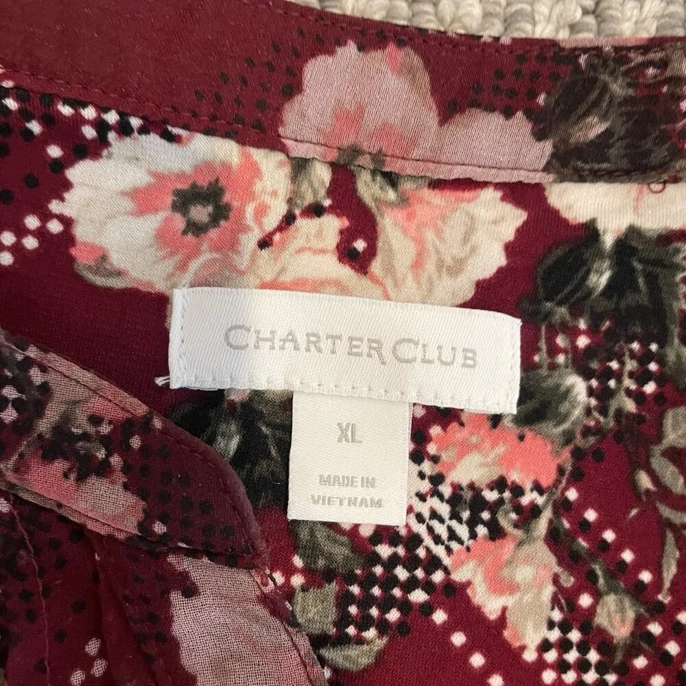 Charter Club Blouse Womens XL Red Split Neck Floral Pattern Long Sleeve Top - Image 3