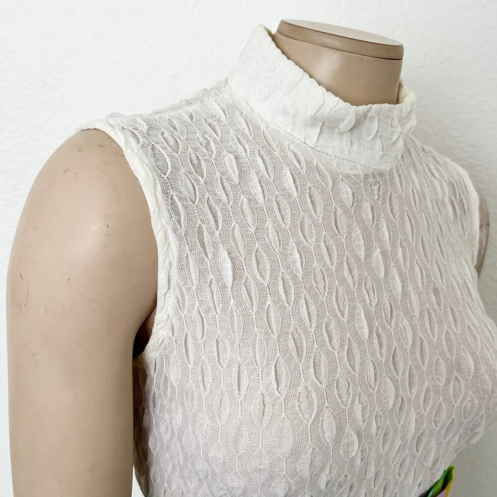 [Vintage] 60s 70s Cream Mock Neck Groovy Floral Print Bow Maxi Dress Sz Medium M Green - Image 10