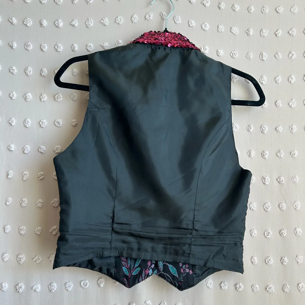 Angelica Vintage Floral Sequined Collar Button Front Vest Sz 10 Black Magenta - Image 3