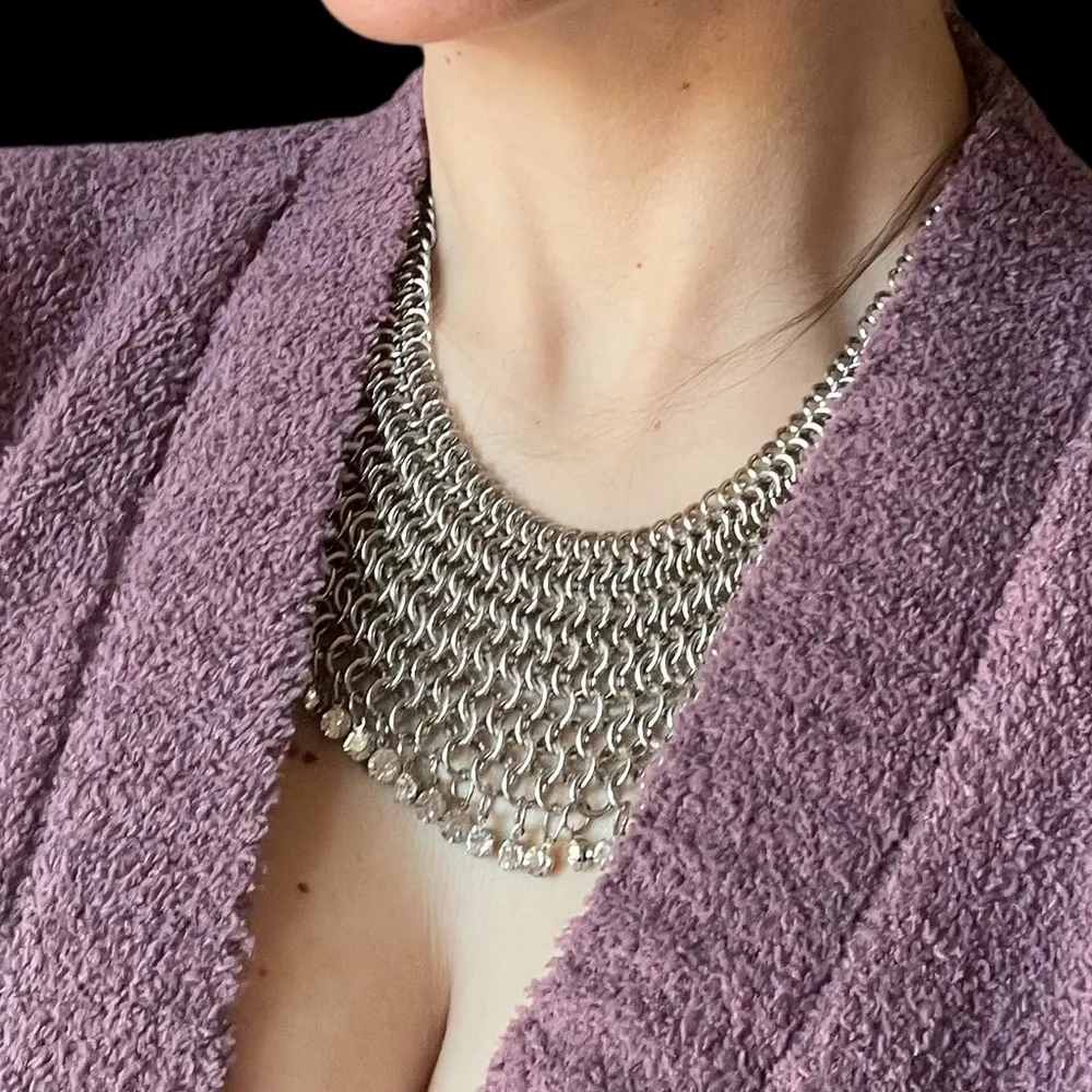 Silver Tone Chainmail Rhinestone Bib Necklace Cleopatra Whimsigoth Renn Faire - Image 4