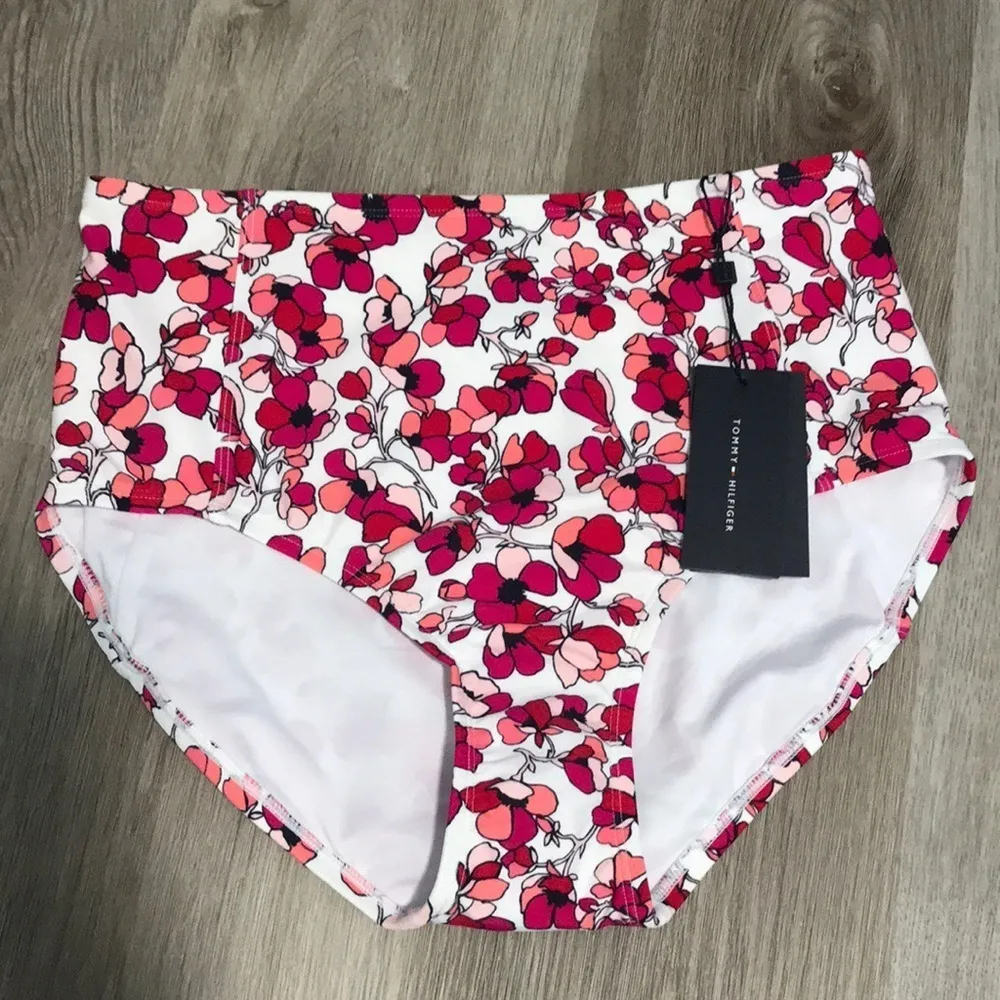Tommy Hilfiger High Waisted Floral Pink Red White Swim Bikini Bottom Magenta - Image 2
